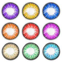 Many contact lenses in different colors isolated on white, collection