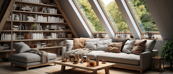 Cozy Attic Living Room with Scandinavian Design and Wooden Coffee
