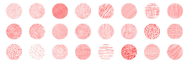 Hand drawn red circles ink textures set. Crosshatch, wood, rain, stippling, circle, linear and other stroke. Freehand doodle shapes collection. Isolated vector illustration. - obrazy, fototapety, plakaty
