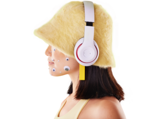 Eye stickers, music headphones and woman, gen z and face profile isolated on transparent png background. Art, creative and technology with female model listen to radio or podcast with audio streaming