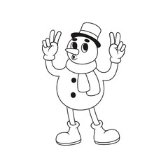 Funny retro snowman character. Vector illustration in line style.