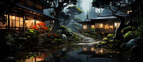 Ancient Chinese gardens in the forest at night contain buildings ponds bridges trees lights moon 20