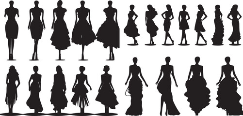 women silhouettes in different styles of dress and accessories vector - obrazy, fototapety, plakaty