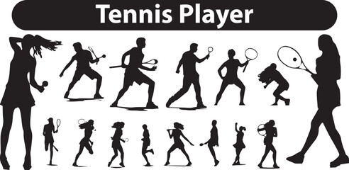 tennis player silhouettes set in various poses and poses illustration - obrazy, fototapety, plakaty