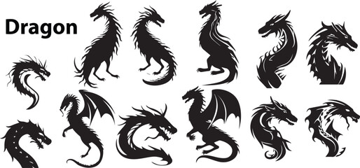 a collection of silhouettes of dragon with different variations and colors - obrazy, fototapety, plakaty