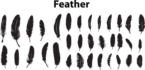 set of different black feather feather icons on a white background © Wirestock