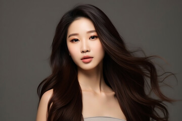 Fototapeta premium Beautiful young Asian woman with clean fresh skin on dark background, Face care, Facial treatment, Cosmetology, beauty and spa, Asian women portrait.