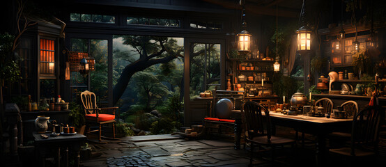 Ancient Chinese gardens in the forest at night contain buildings ponds bridges trees lights moon 21
