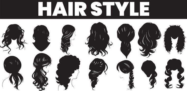hair styles collection set for women illustration in black and white