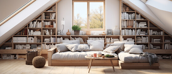 Obraz na płótnie Canvas Attic Living Room with Built-in Bookshelves