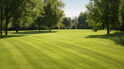 Foto op Plexiglas plot of golf course land with a freshly mowed lawn against a backdrop of a tree lined landscape created with Generative AI Technology © AstraNova