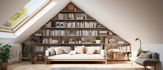 Attic Living Room with Built-in Bookshelves