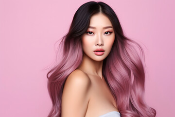 Beautiful, young Asian girl with fresh clean skin, long, dyed pink hair posing on a pink background