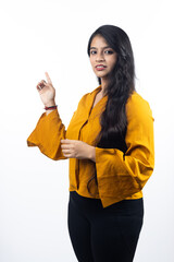 Young Indian, asian business woman, collage girl, student, confident female entrepreneur wearing professional outfit dress conversation expression isolated on white background