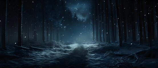 snow falling at night in a snowy dark forest with lights and stars Generated 4 - obrazy, fototapety, plakaty