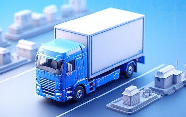 Isometric of the 3D blue truck on the road.  