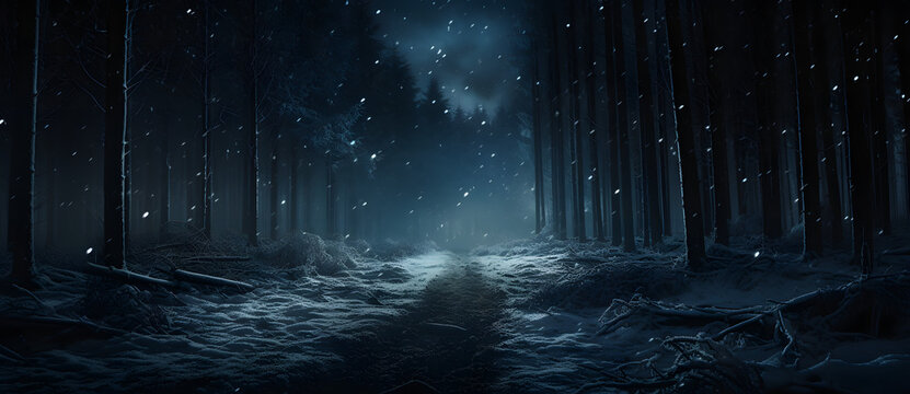 Fototapeta snow falling at night in a snowy dark forest with lights and stars Generated 4