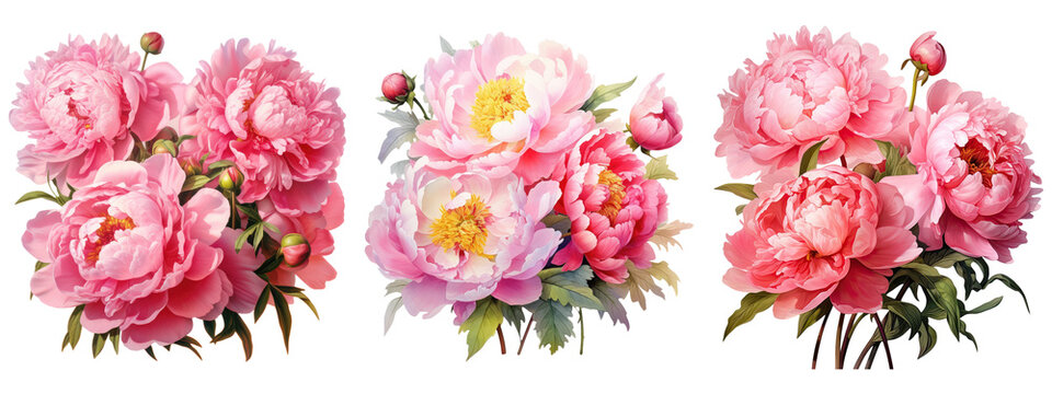 Watercolor pink peony flowers bouquet, peony flowers isolated on transparent background