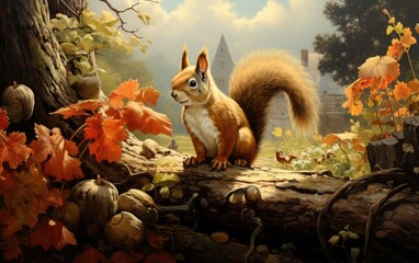 Squirrel in the park at sunset.