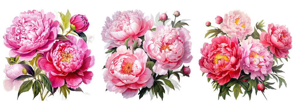 Watercolor pink peony flowers bouquet, peony flowers isolated on transparent background