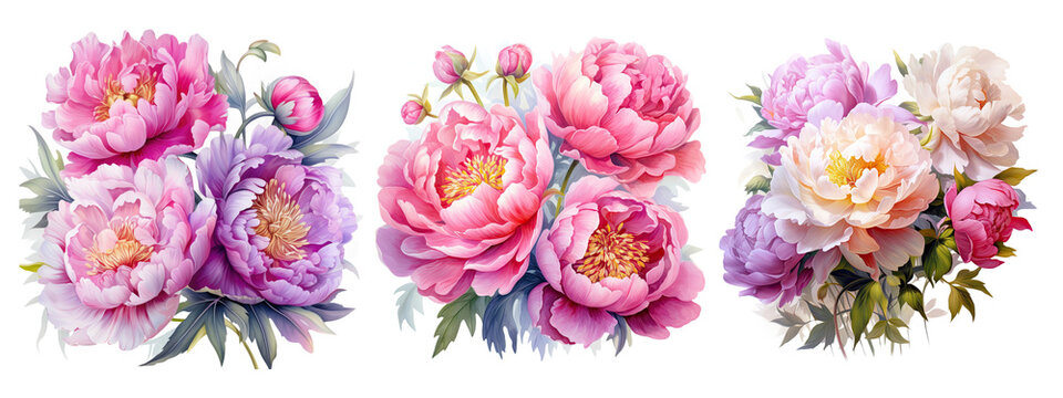 Watercolor pink peony flowers bouquet, peony flowers isolated on transparent background