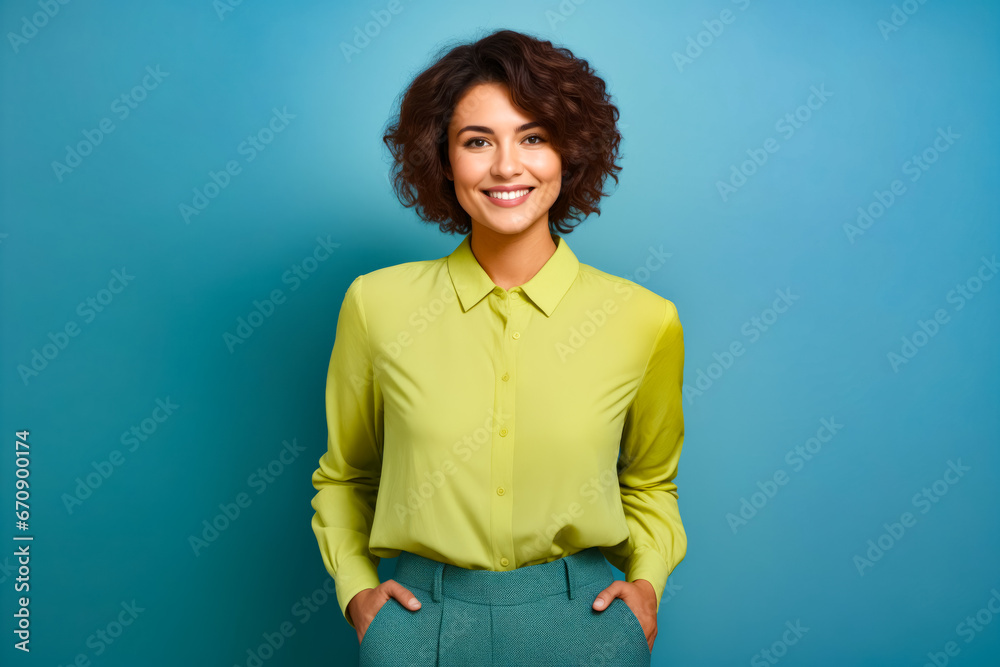 Wall mural woman in green shirt and blue pants smiling.