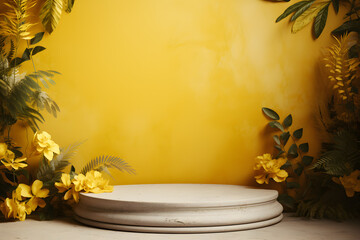 Empty concrete podium, green plants and leaves. Stage showcase for cosmetic products presentation