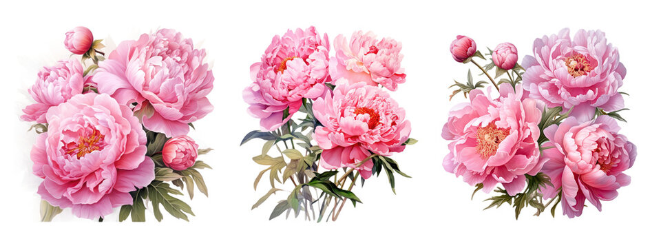 Watercolor pink peony flowers bouquet, peony flowers isolated on transparent background