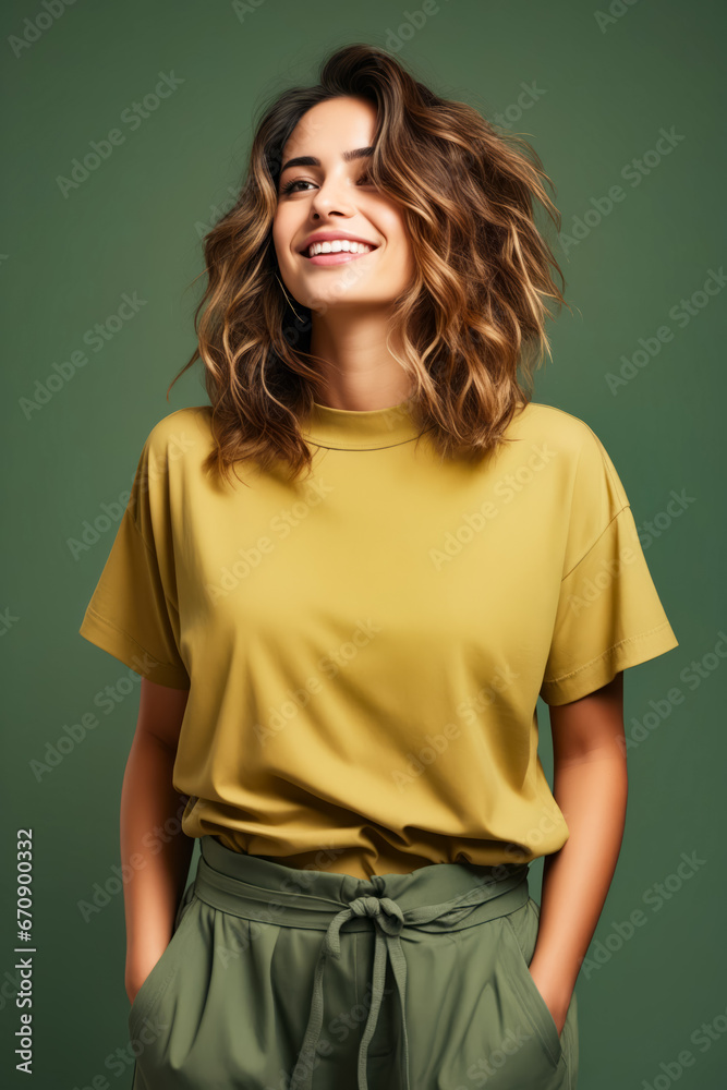 Wall mural Woman with smile on her face and short sleeved top.