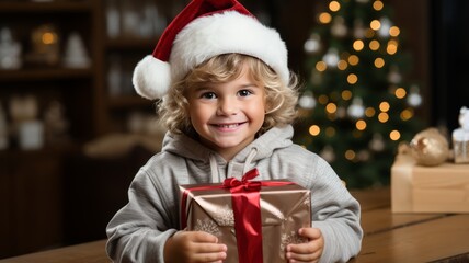 Obraz na płótnie Canvas Happy toddler with Christmas present