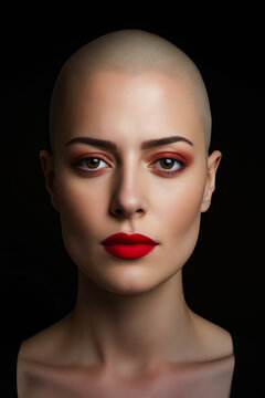 Woman with bald head and red lipstick on her face.