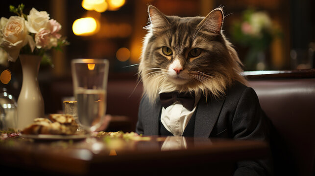 cute cat wearing tuxedo sitting and eating in fancy Japanese restaurant