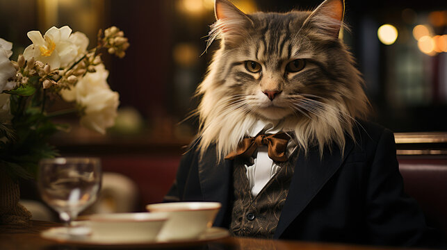 cute cat wearing tuxedo sitting and eating in fancy Japanese restaurant