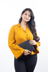 Young Indian, asian business woman, collage girl, student, confident female entrepreneur wearing professional outfit dress holding tablet for advertisement isolated on white background