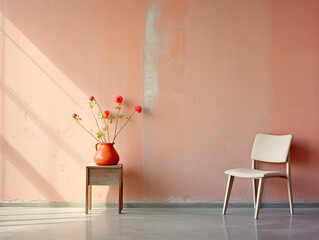 Empty Wall in Pale Coral Plastic Chair in Corner