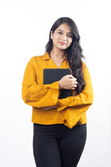 Young Indian, asian business woman, collage girl, student, confident female entrepreneur wearing professional outfit dress holding tablet for advertisement isolated on white background
