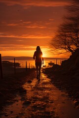 Fototapeta premium Jogger's silhouette against a stunning sunset sky, Generative AI