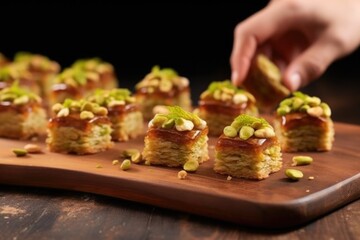 close-up of hand placing baklava bites on a wooden board