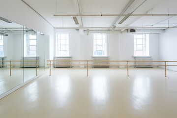 empty ballet studio with barres and mirrors