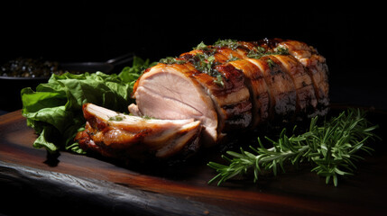 porchetta slices grilled pork belly on a wooden table made with Generative AI Technology - obrazy, fototapety, plakaty