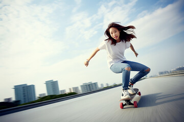 A beautiful Asian girl in jeans, sneakers and a T-shirt rides down the street on a skateboard