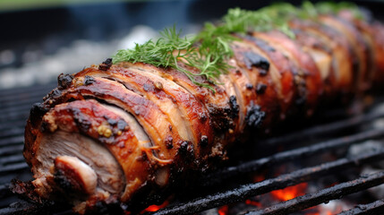 porchetta slices grilled pork belly on a hot coal grill made with Generative AI Technology - obrazy, fototapety, plakaty
