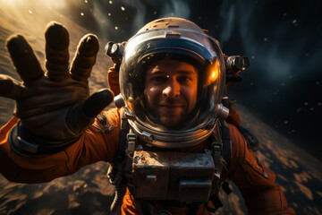 Man in orange space suit waving at the camera.