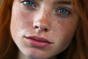 Close up of woman with freckles on her face.