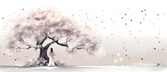 A couple standing under a huge tree full of flowers in a blanket of snow 5