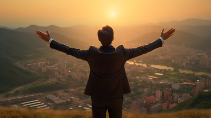 Fototapeta premium Businessman at mountaintop during sunset. Success, victory, winner, achievement, leadership concept
