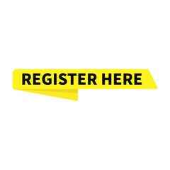 Register Here In Yellow Ribbon Rectangle Shape For Advertisement Marketing Sign Up
