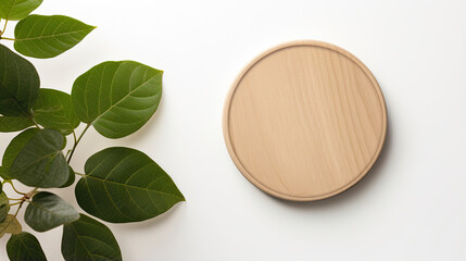 top view of blank single round natural border design wooden drink coaster with minimalist flat layout created with Generative AI Technology - obrazy, fototapety, plakaty