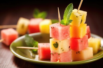 skewer with cubes of watermelon and pineapple pieces - obrazy, fototapety, plakaty