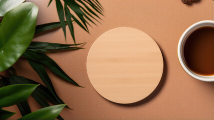 top view of blank single round natural border design wooden drink coaster with minimalist flat layout created with Generative AI Technology